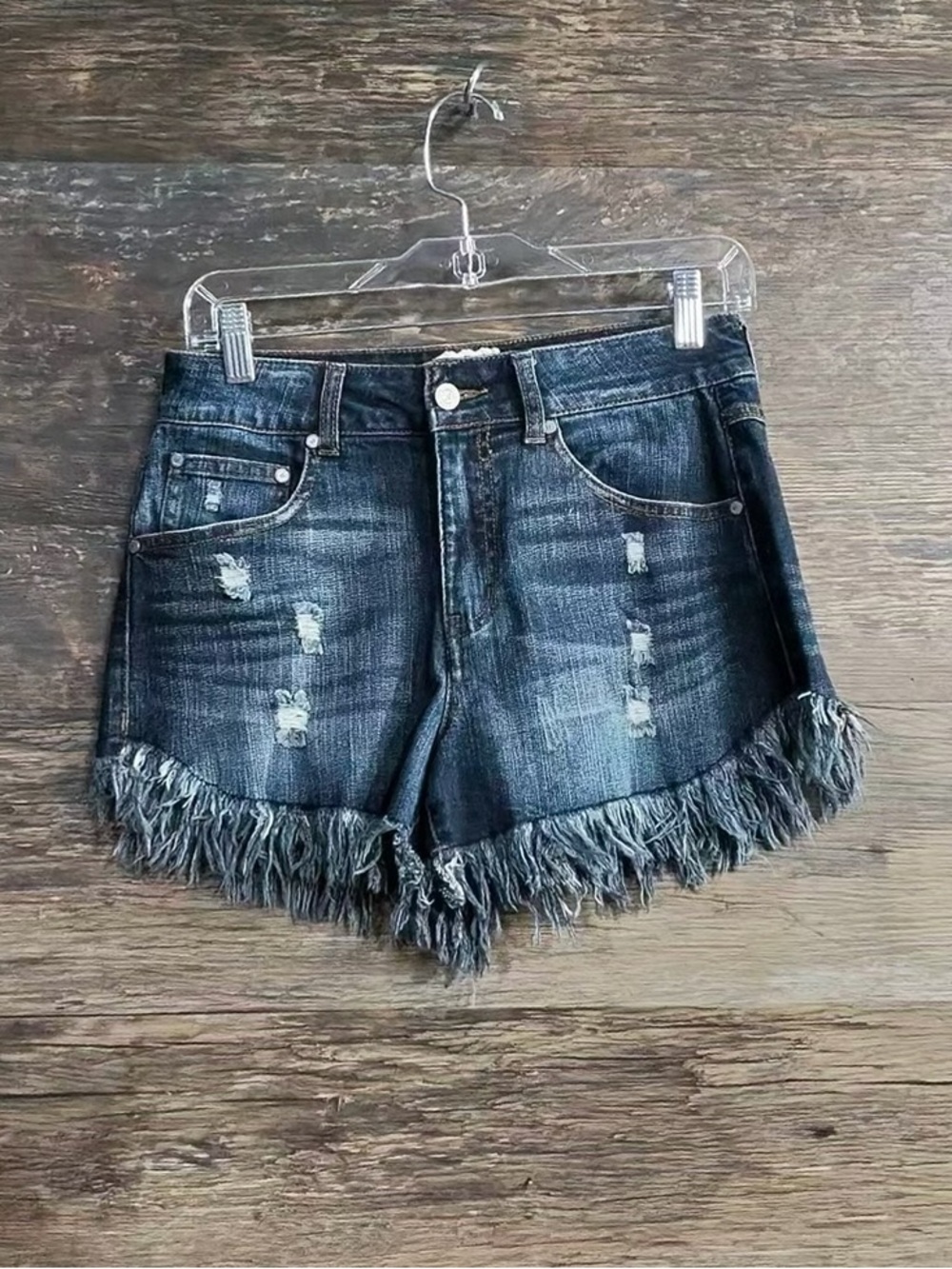 Altar'd State Dark Blue Distressed Denim Fringe Hem Shorts